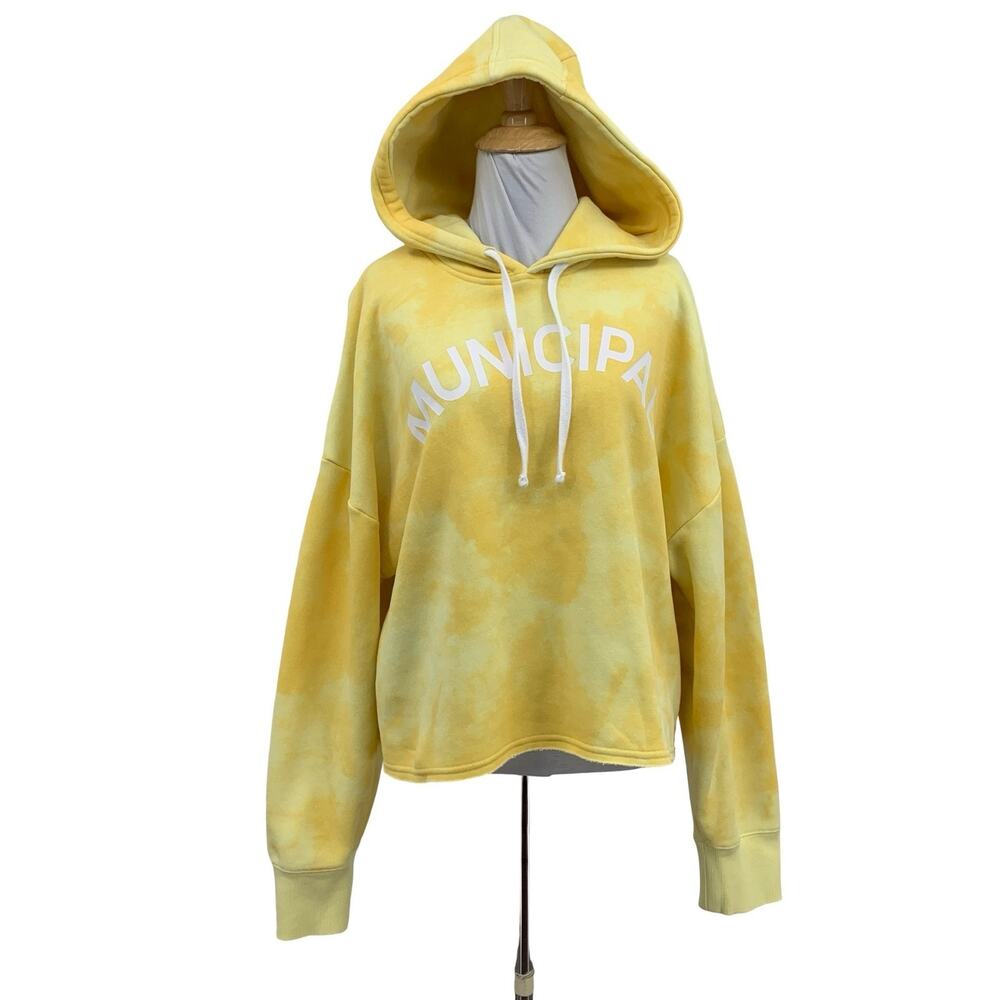 Municipal Sweatshirt Women L Large Yellow Tie Dye Fleece Lined Pullover Hooded
